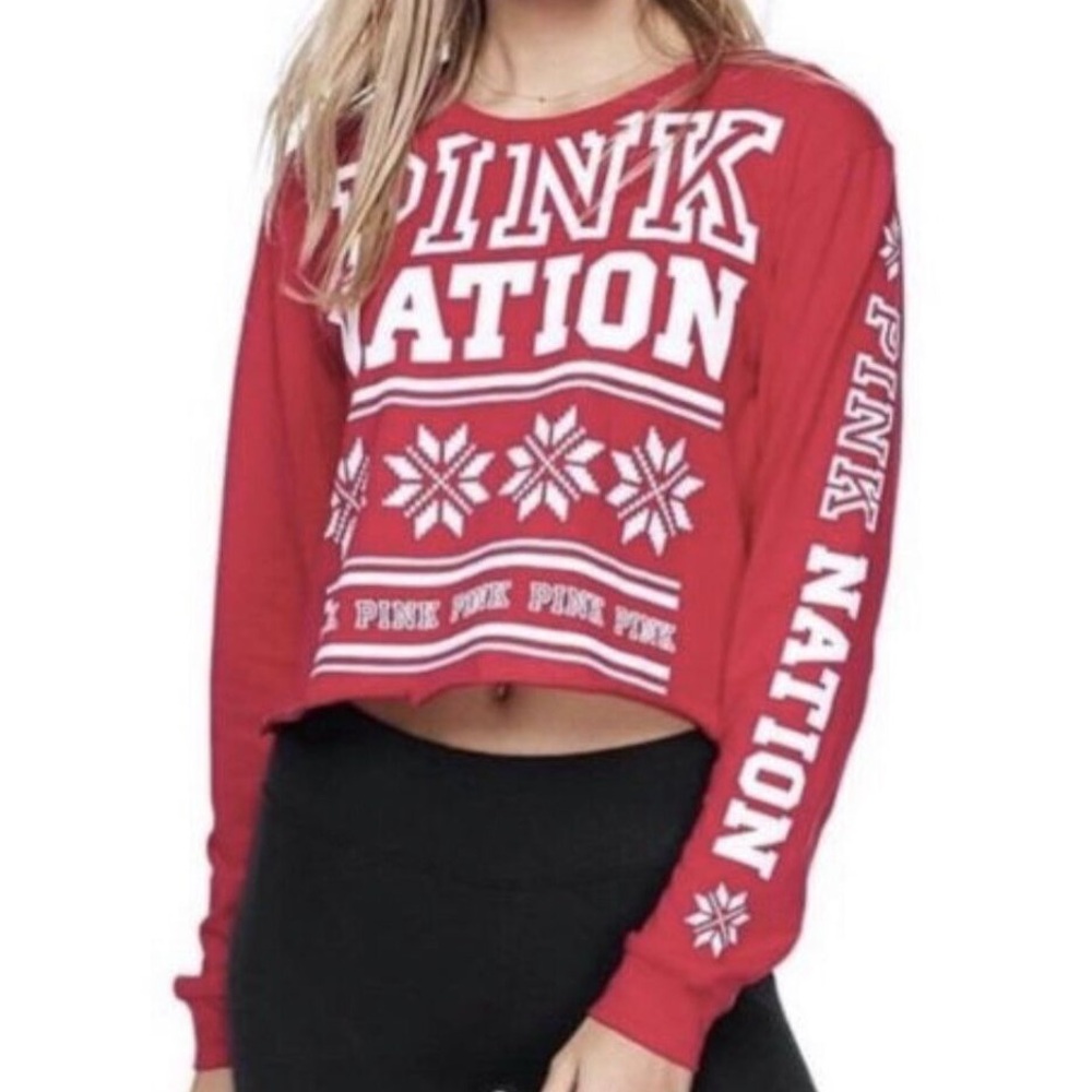 Victoria's Secret PINK NATION Long Sleeve Cropped Graphic Tee size x-small